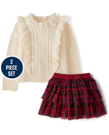 Girls Cable Knit Flutter Sweater 2-Piece Outfit Set - Royal Christmas
