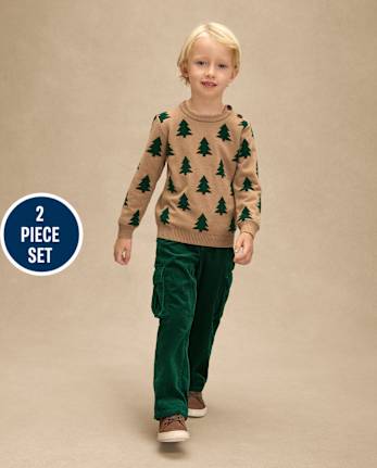 Boys Intarsia Christmas Tree Sweater 2-Piece Outfit Set - Royal Christmas