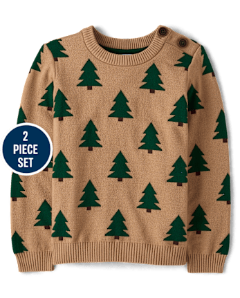 Boys Intarsia Christmas Tree Sweater 2-Piece Outfit Set - Royal Christmas