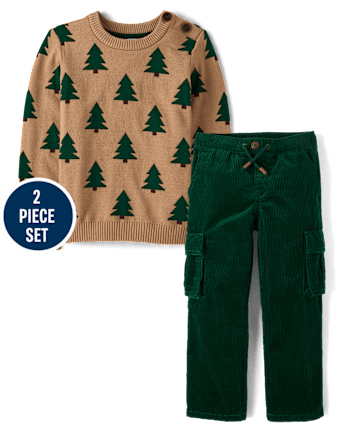 Boys Intarsia Christmas Tree Sweater 2-Piece Outfit Set - Royal Christmas