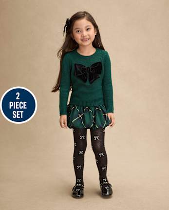 Girls Oversized Bow Sweater And Bubble Skirt 2-Piece Outfit Set - Royal Christmas