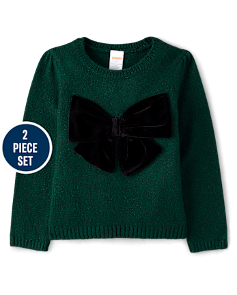 Girls Oversized Bow Sweater And Bubble Skirt 2-Piece Outfit Set - Royal Christmas