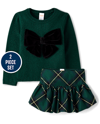 Girls Oversized Bow Sweater And Bubble Skirt 2-Piece Outfit Set - Royal Christmas