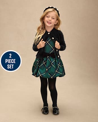 Girls Embellished Eyelash Cardigan And Bubble Dress 2-Piece Outfit Set - Royal Christmas