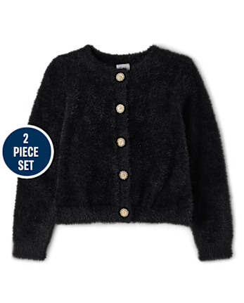 Girls Embellished Eyelash Cardigan And Bubble Dress 2-Piece Outfit Set - Royal Christmas