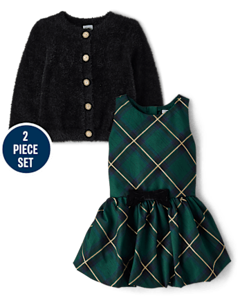 Girls Embellished Eyelash Cardigan And Bubble Dress 2-Piece Outfit Set - Royal Christmas