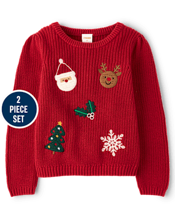 Girls Crochet Holiday Shaker Stitch Sweater 2-Piece Outfit Set - Royal Christmas
