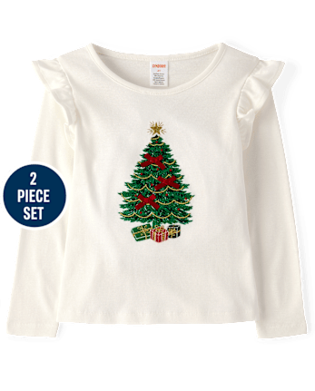 Girls Embroidered Christmas Tree Flutter Top 2-Piece Outfit Set - Royal Christmas