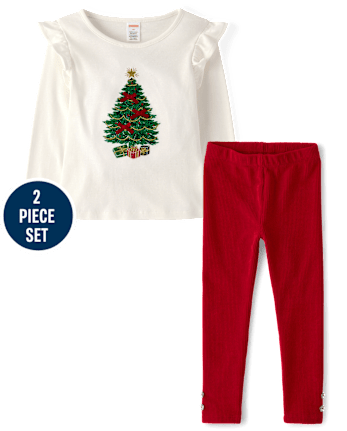 Girls Embroidered Christmas Tree Flutter Top 2-Piece Outfit Set - Royal Christmas