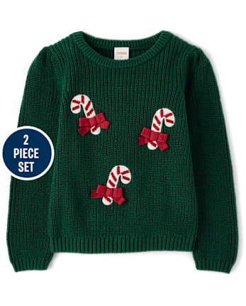Girls Crochet Candy Cane Shaker Stitch Sweater 2-Piece Outfit Set - Royal Christmas