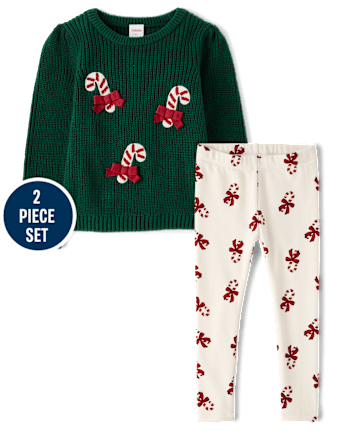 Girls Crochet Candy Cane Shaker Stitch Sweater 2-Piece Outfit Set - Royal Christmas