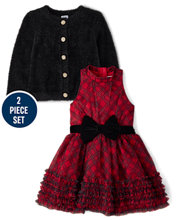 Girls Embellished Eyelash Cardigan And Dress 2-Piece Outfit Set - Royal Christmas