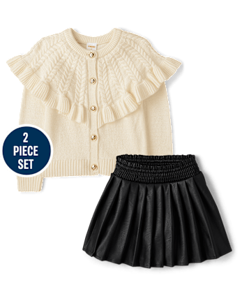 Girls Ruffle Cardigan And Faux Leather Skort 2-Piece Outfit Set - Royal Christmas