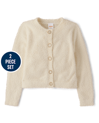Girls Embellished Eyelash Cardigan And Sequin Dress 2-Piece Outfit Set - Royal Christmas