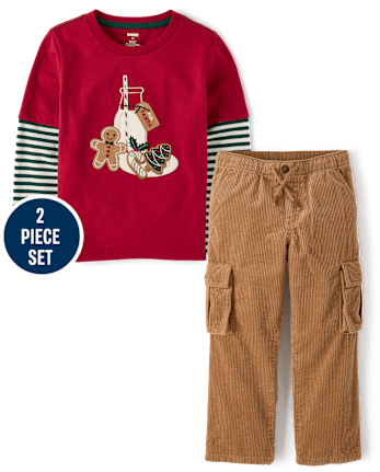 Boys Embroidered Cookies Layered Top 2-Piece Outfit Set - Royal Christmas