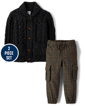 Boys Shawl Cardigan And Plaid Jogger Pants 2-Piece Outfit Set - Royal Christmas