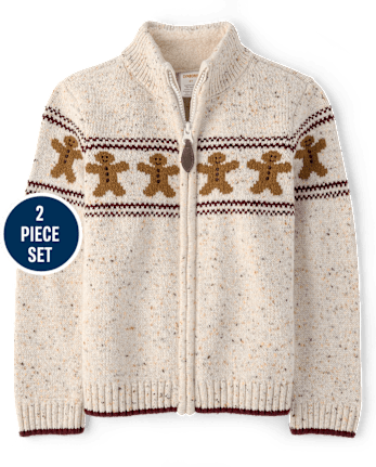 Boys Intarsia Gingerbread Zip Up Sweater Jacket 2-Piece Outfit Set - Royal Christmas