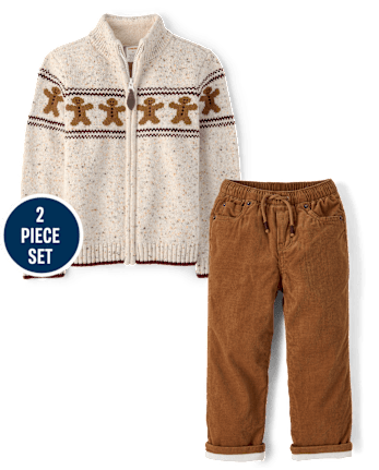 Boys Intarsia Gingerbread Zip Up Sweater Jacket 2-Piece Outfit Set - Royal Christmas
