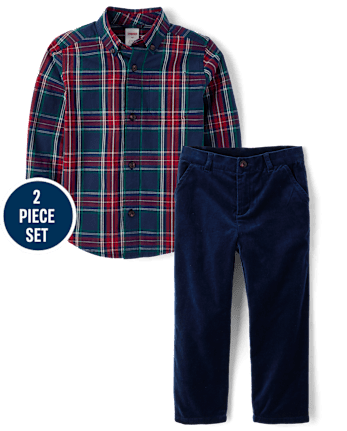 Boys Plaid Poplin Button Up Shirt 2-Piece Outfit Set - Royal Christmas