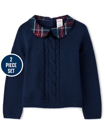 Girls Bow Cable Knit Sweater 2-Piece Outfit Set - Royal Christmas
