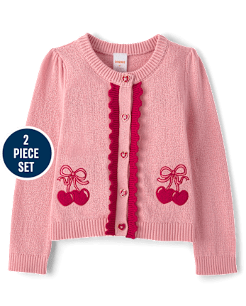 Girls Applique Cherry Heart Cardigan And Dress 2-Piece Outfit Set - Mon Cheri