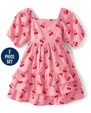 Girls Applique Cherry Heart Cardigan And Dress 2-Piece Outfit Set - Mon Cheri