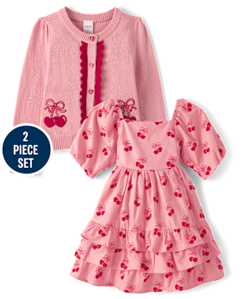 Girls Applique Cherry Heart Cardigan And Dress 2-Piece Outfit Set - Mon Cheri