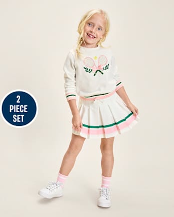 Girls Embroidered Tennis Racquet 2-Piece Outfit Set - Club House