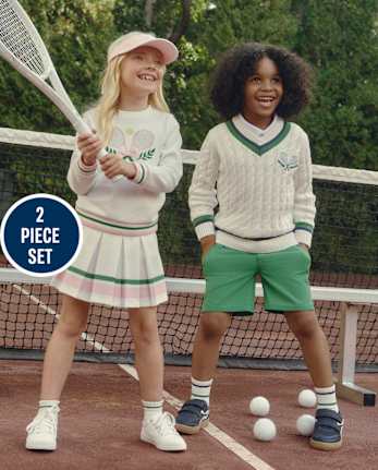 Girls Embroidered Tennis Racquet 2-Piece Outfit Set - Club House