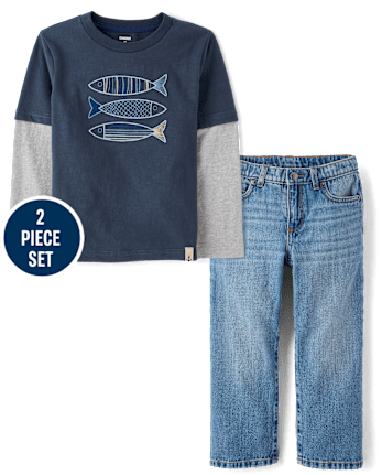 Boys Embroidered Fish 2-Piece Outfit Set - Driftwood Bay