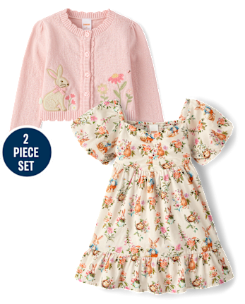 Girls Applique Bunny 2-Piece Outfit Set - Enchanted Garden