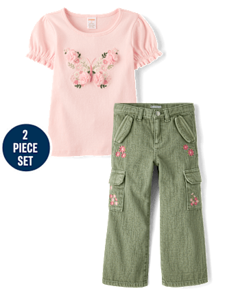 Girls Embroidered Floral 2-Piece Outfit Set - Enchanted Garden