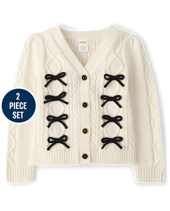 Girls Bow Cable Knit 2-Piece Outfit Set - Petit Paris