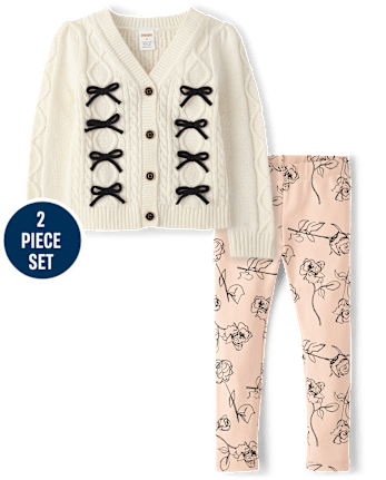 Girls Bow Cable Knit 2-Piece Outfit Set - Petit Paris