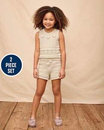 Girls Crochet Floral 2-Piece Outfit Set - Driftwood Bay