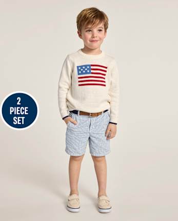Boys Intarsia Embroidered Flag 2-Piece Outfit Set - Nantucket Charm