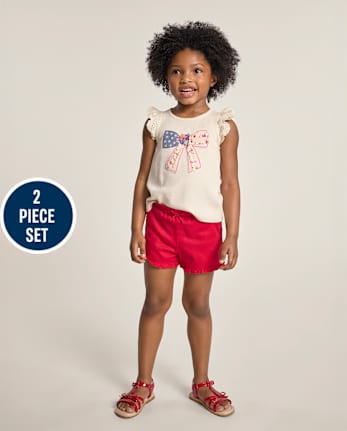 Girls Applique Embroidered Bow 2-Piece Outfit Set - Nantucket Charm
