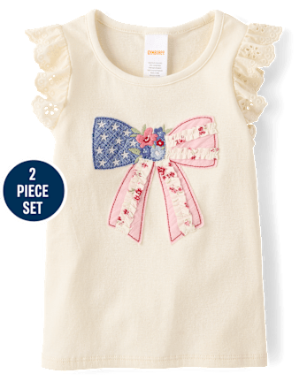 Girls Applique Embroidered Bow 2-Piece Outfit Set - Nantucket Charm