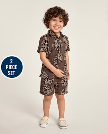 Boys Embroidered Tropical Leaf Gauze 2-Piece Outfit Set - Amalfi Coast