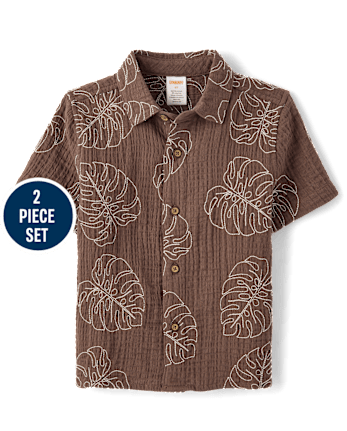 Boys Embroidered Tropical Leaf Gauze 2-Piece Outfit Set - Amalfi Coast