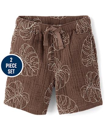 Boys Embroidered Tropical Leaf Gauze 2-Piece Outfit Set - Amalfi Coast