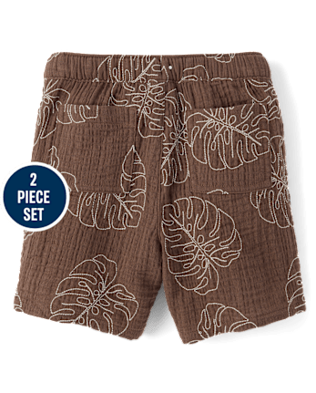 Boys Embroidered Tropical Leaf Gauze 2-Piece Outfit Set - Amalfi Coast