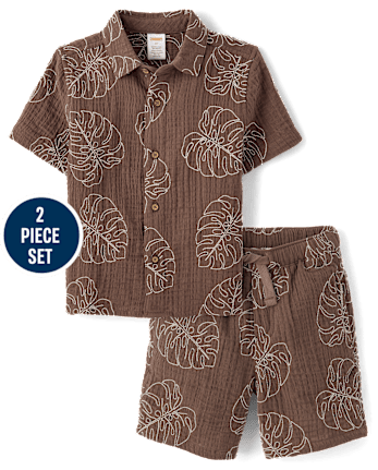 Boys Embroidered Tropical Leaf Gauze 2-Piece Outfit Set - Amalfi Coast