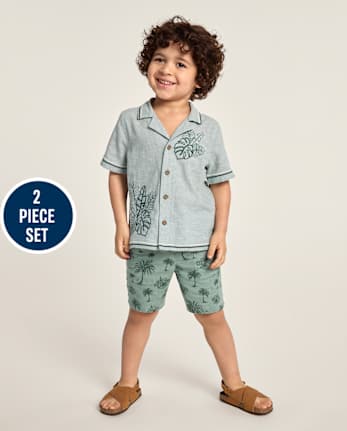Boys Embroidered Tropical Leaf Linen-Blend 2-Piece Outfit Set-  Amalfi Coast