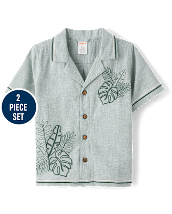 Boys Embroidered Tropical Leaf Linen-Blend 2-Piece Outfit Set-  Amalfi Coast