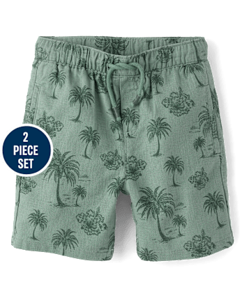 Boys Embroidered Tropical Leaf Linen-Blend 2-Piece Outfit Set-  Amalfi Coast