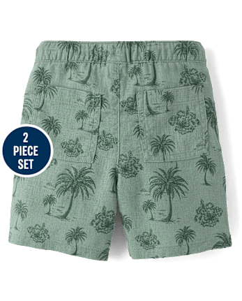 Boys Embroidered Tropical Leaf Linen-Blend 2-Piece Outfit Set-  Amalfi Coast