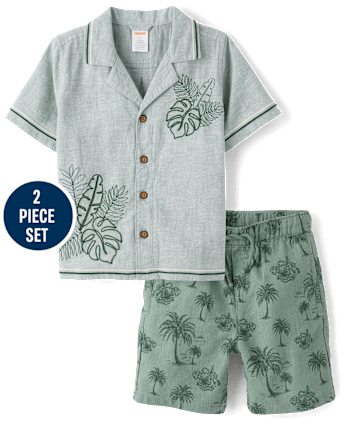 Boys Embroidered Tropical Leaf Linen-Blend 2-Piece Outfit Set-  Amalfi Coast
