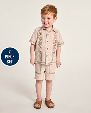 Boys Embroidered Tropical Leaf Linen-Blend 2-Piece Outfit Set - Amalfi Coast
