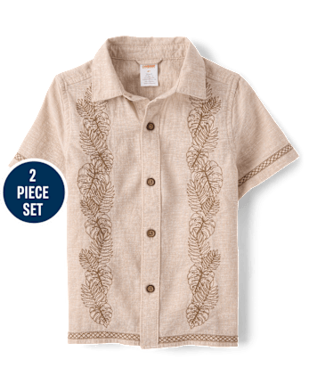 Boys Embroidered Tropical Leaf Linen-Blend 2-Piece Outfit Set - Amalfi Coast